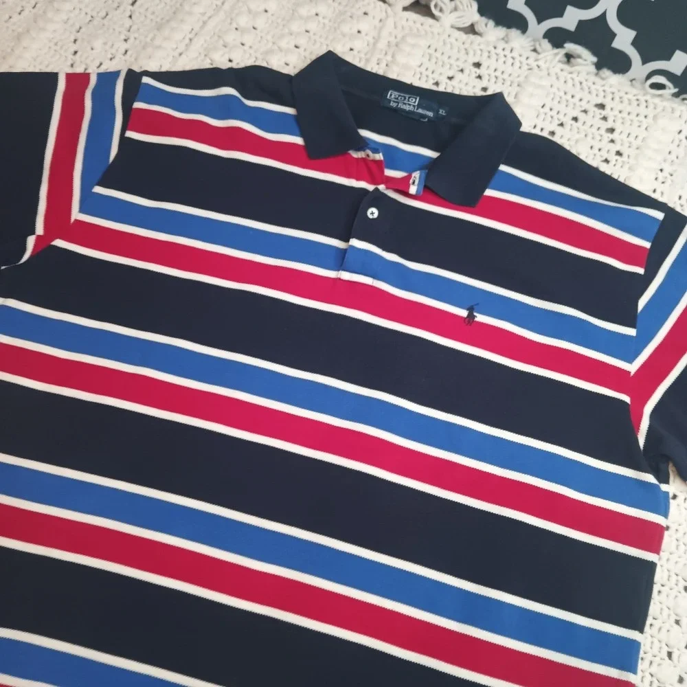 Vtg Polo Ralph Lauren Polo Shirt XL Men Blue Red White Stripe USA Pony Kanye Y2K